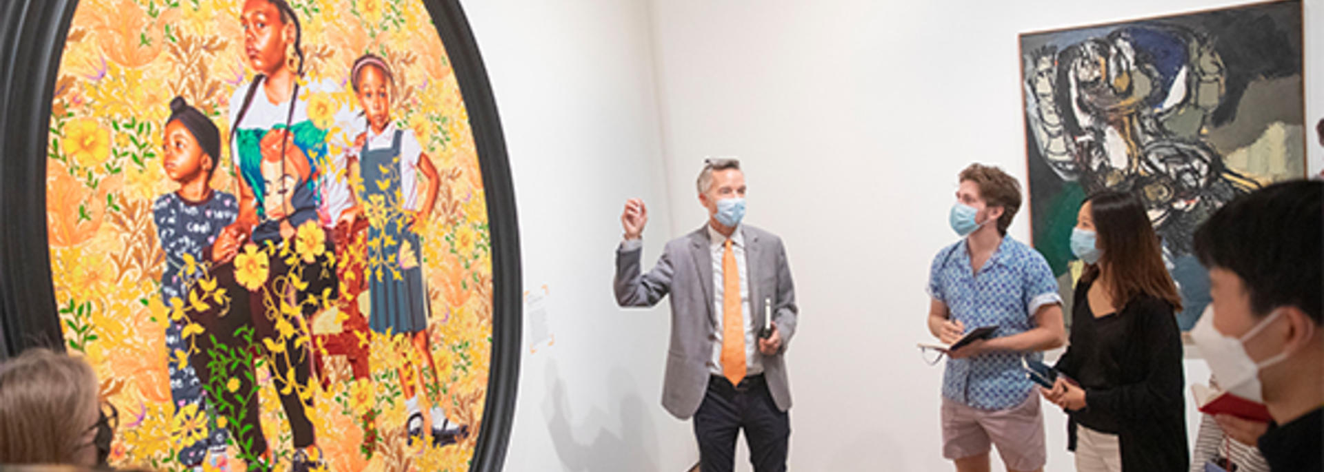 Robin Kelsey and students discuss “Portrait of Asia-Imani, Gabriella-Esnae, and Kaya Palmer” by Kehinde Wiley, American